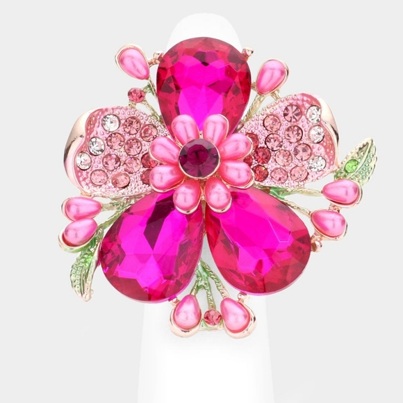 iFashionBox Jewelry - Pink Pearl Rhinestone Crystal Oversized Floral Ring Fashion Statement Jewelry